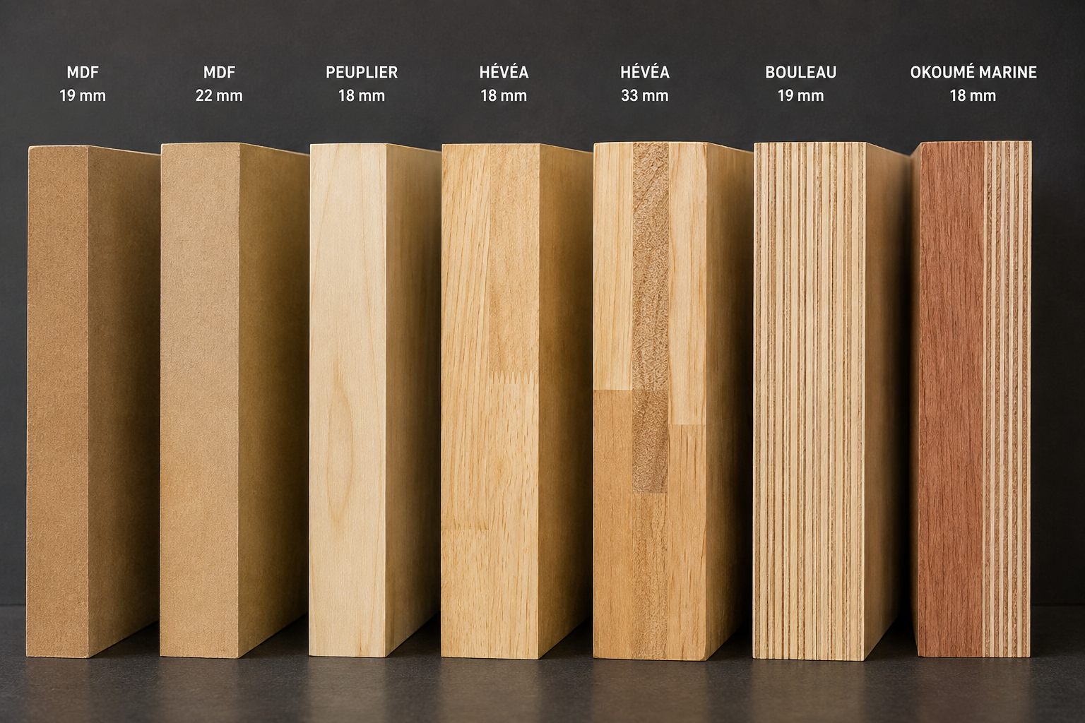Échantillons comparés des essences disponibles : MDF, peuplier, hévéa, bouleau, Okoumé Marine
